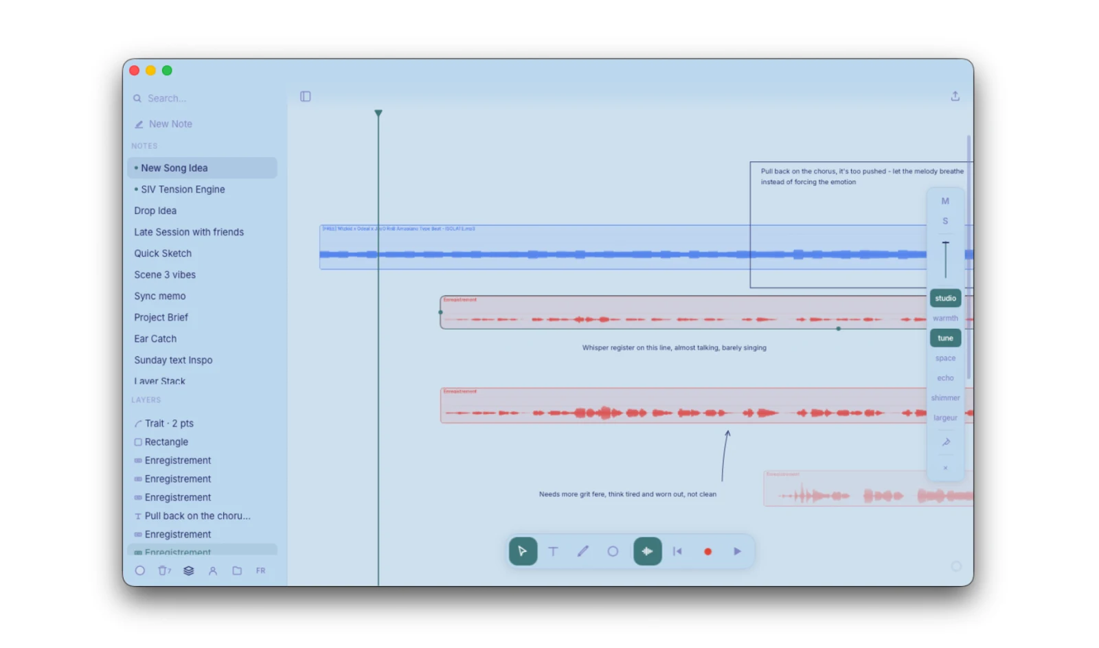 Few Notes, an ergonomic note-taking app for songwriters and composers, interface designed by Ezéchiel Sene-Boileau